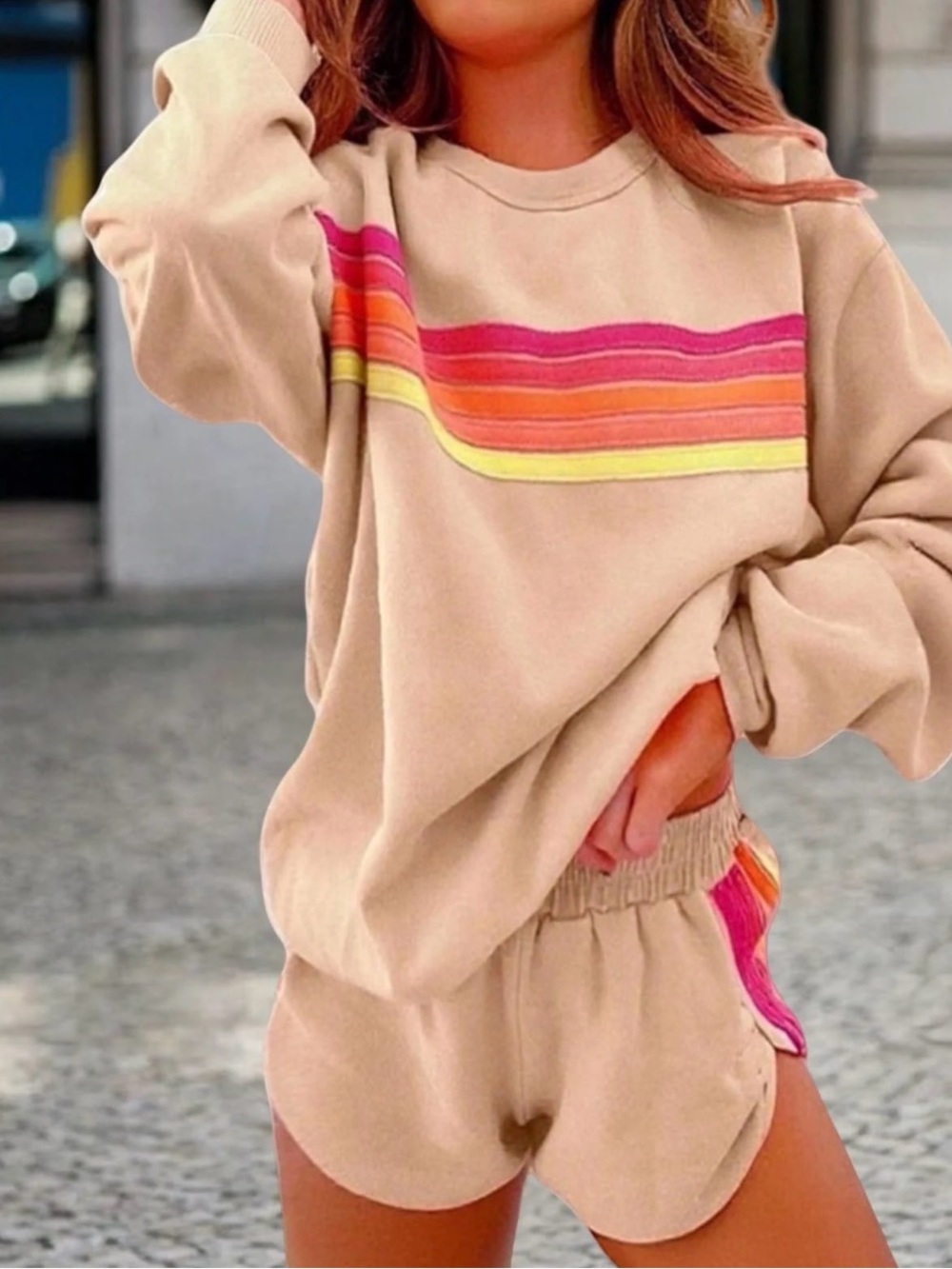 2 piece Lounge Set Khaki and Rainbow stripe